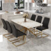 Table and chair set, large modern minimalist rectangular dining table, 0.39-inch imitation marble tabletop and golden metal legs, soft leather seats. F-1537