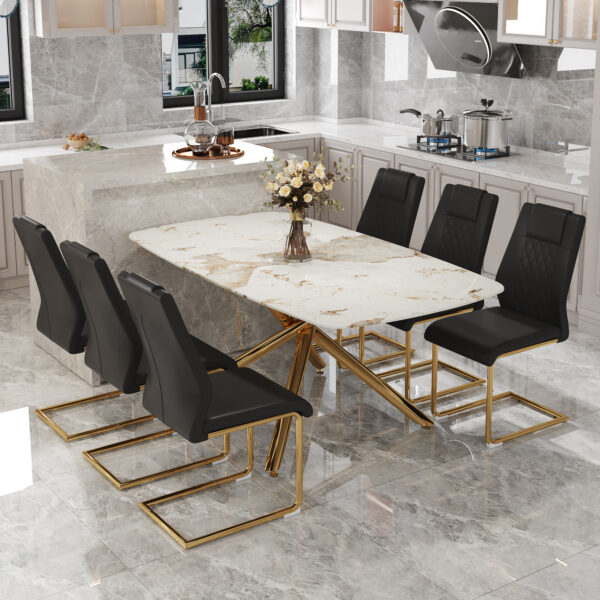 87c46fe7c872408d8431af6fd40ade4e_168b5dc932449caecb4c7d0d1a8ab903 Table and chair set, large modern minimalist rectangular dining table, 0.39-inch imitation marble tabletop and golden metal legs, soft leather seats. F-1537