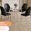 Table and chair set.Modern circular transparent tempered glass table, tempered glass tabletop, silver metal table legs.A Set of 4 Black PU Comfort Dining Chairs with extended backrest.