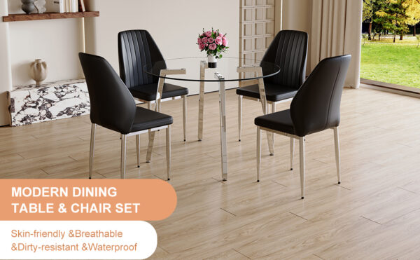 87ddb50cbb9d40e382bfaef423cff8f9_a7b866dcbe503b2ea8e03591f60f0d00 Table and chair set.Modern circular transparent tempered glass table, tempered glass tabletop, silver metal table legs.A Set of 4 Black PU Comfort Dining Chairs with extended backrest.