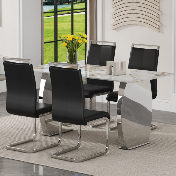 87ec9fa70c6849e3bed962298662846e_1bdadabec5e145f9d4de5b1ba99dedad Table and chair set.63*31.4 Inch Pandora Patterned Sintered Stone Dining Table Set - 4 Black PU Chairs With Silver Metal Legs.Modern Light Luxury.Perfect For Dinner Room,Meeting Room,Kitchen,etc.