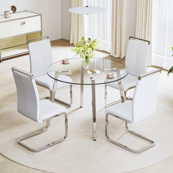 Modern minimalist style circular transparent tempered glass table, tempered glass tabletop, silver metal table legs, suitable for kitchen, dining room, and living room, 42 "* 42" * 29.5 "1123r