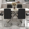 Table and chair set.Modern Luxurious white Marble-Patterned Tempered Glass Dining Table with 6 Chairs.Single fork silver metal table legs.Black high-quality PU dining chairs with silver metal legs.