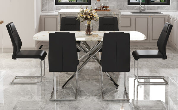 87fc02ba839b4d5db3e20fd1d2bbf045_ac0e28e80a8ae2d8d575e2a27766b1e6 Table and chair set.Modern Luxurious white Marble-Patterned Tempered Glass Dining Table with 6 Chairs.Single fork silver metal table legs.Black high-quality PU dining chairs with silver metal legs.