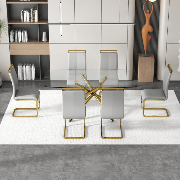 87fc4c1308d941329fa4cfe29550245a_20230717_a53345317122ac2bedfec1287b093cf6 Large Modern Minimalist Rectangular Glass Dining Table for 6-8 with 0.39" Tempered Glass Tabletop and Golden Plated Metal Legs,for Kitchen Dining Living Meeting Room Banquet hall 71'' x 39'' x30''1537