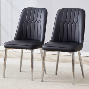 2 modern dining chairs, smooth PU leather backrest and silver-toned metal legs for a comfortable home experience for kitchens, bedrooms and offices.