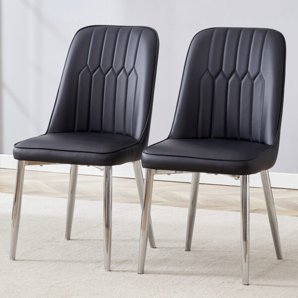 88028903852a471dbcf16c3b2f21e65b_4f2818c0c1e5011020fe2390c38bab6e 2 modern dining chairs, smooth PU leather backrest and silver-toned metal legs for a comfortable home experience for kitchens, bedrooms and offices.