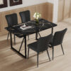 Table and chair set.Modern Black Marble Pattern MDF Dining Set - 55"x31.4"with 4 Black PU chairs with a vertical stripe design on the backrest and black metal legs.Suitable for kitchen,Dining room,etc