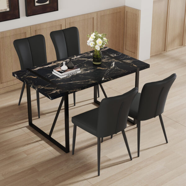8810781c84a54cd3903968dfc98221b8_fbd734670f2135332e73219ff21cddc3 Table and chair set.Modern Black Marble Pattern MDF Dining Set - 55"x31.4"with 4 Black PU chairs with a vertical stripe design on the backrest and black metal legs.Suitable for kitchen,Dining room,etc
