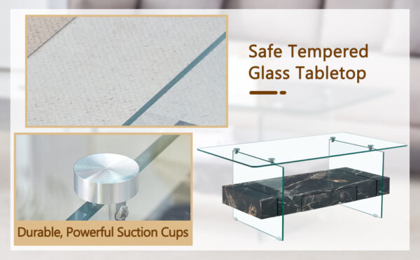 8810b0474c644e7784d533114e7abb53_c4451a8554c6cc9f29a4b2f7b0b9832a 43.3 Inch Modern Two-Tier Coffee Table - Clear Tempered Glass and Black Marble Texture, Multifunctional Storage Design.The bottom tier includes a drawer.Can be used as a coffee table,side table,etc.