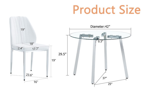 88139e040bac4e4f9833c27fac7a1364_64629e3701494beb72e1e285eafbfefe Table and chair set.Modern circular transparent tempered glass table, tempered glass tabletop, silver metal table legs.A Set of 4 White PU Comfort Dining Chairs with extended backrest.