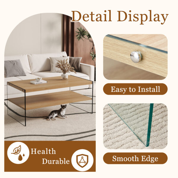 Double layered rectangular coffee table.The board is made of MDF with wooden stickers, with transparent tempered glass on both side.Suitable for various occasions such as living rooms and bedrooms.