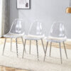 Transparent and stylish ergonomic dining chair unlocks a new experience of lightweight fashion, comfort, and stability. Transparent seat cushion, silver metal legs. One box of three.