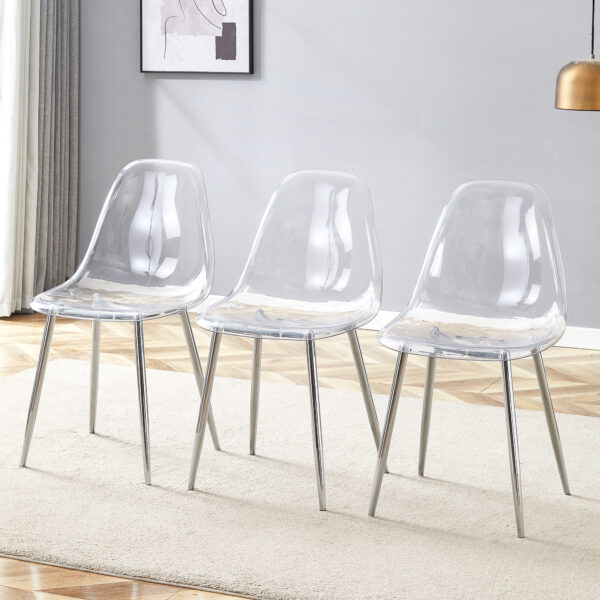 8873511a95f84b48b3b557c8487fc694_feb46dd288f27c5a0458c186bf6457a0 Transparent and stylish ergonomic dining chair unlocks a new experience of lightweight fashion, comfort, and stability. Transparent seat cushion, silver metal legs. One box of three.