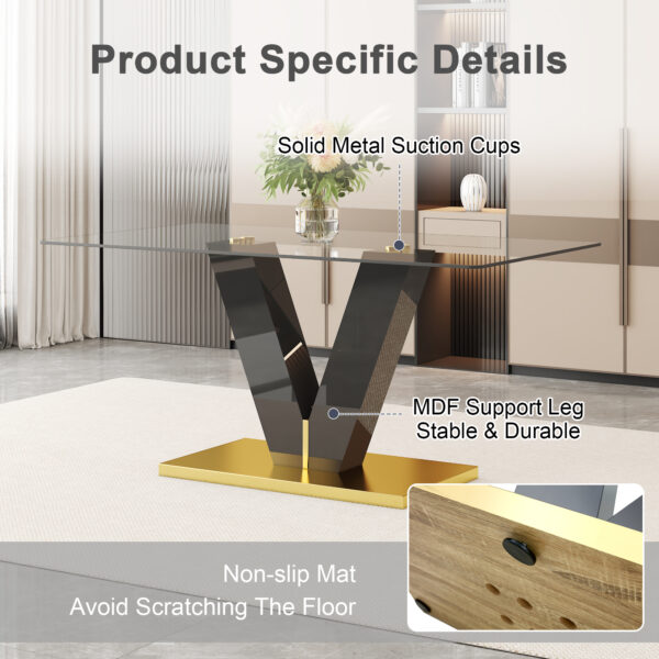 88839214195d4395b8e0342f5336b8d8_f3b0880d5b76d8ae4f82d41de5c33193 Table and chair set.Luxurious Tempered Glass Dining Set - 63"x35.4" with 6 Comfortable Black PU Chairs With Golden Arched Metal Legs .V-Shaped Support Design Table Leg.