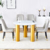 Table and chair set, round table with white marble pattern, gold MDF table legs, soft and comfortable dining chair, suitable for kitchen and living room