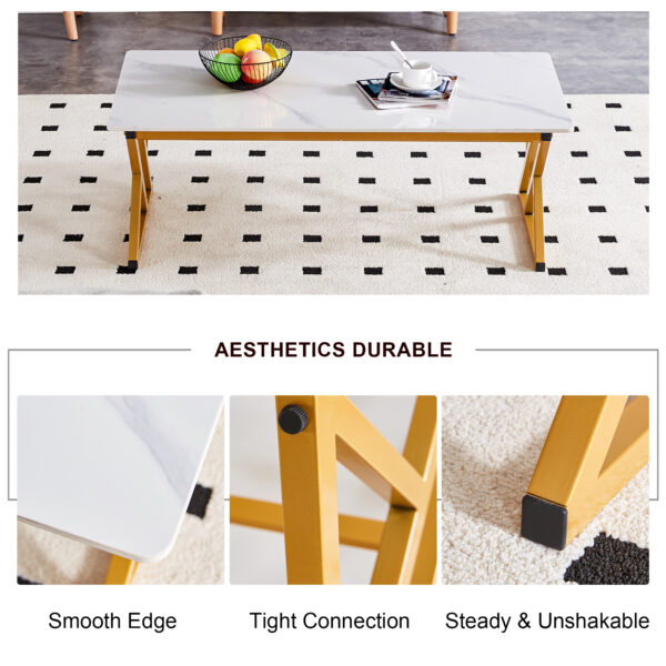 88e4af92b5104250bffe3a4ef246ce94_6e9bdbe3b5981cf13f726694d1144466 A coffee table made of rock slab material, with a smooth and natural surface that complements the modern design of the golden metal legs, making it suitable for living rooms of all sizes.47*23.6