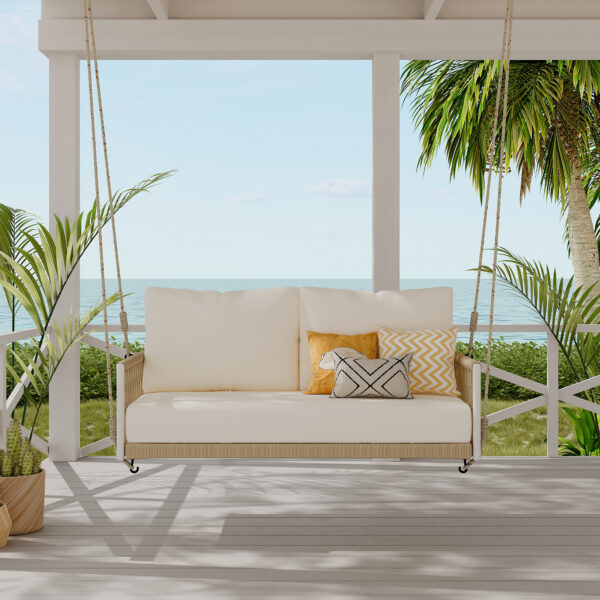 TREXM 1-Piece Woven Rope Outdoor Swing Sofa with Soft Cushions Seating 2 for Patio, Courtyard and Balcony (Beige)