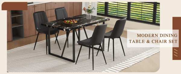 88e70e230bfd48a494efc7f3be86d589_a2ec400aedc279a7f4a5fcebbd6f2c53 Table and chair set.Modern Black Marble Pattern MDF Dining Table Set - 55"x31.4" with 4 Extended Seat Cushion PU Dining Chairs.Black Cushion.Iron Pipe Spraying Chair Legs.