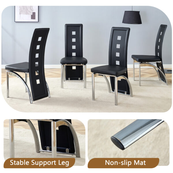 88f6ffb07d934921bcd23f95dea3bd89_5620a119929a1728543ac3236317d465 Table and chair set.63"*35.4" White Imitation Marble Pattern MDF Dining Table Set - 4 PU Chair With Black Saddleback, Geometric Pattern Backrest,Silver Curved Metal Leg..Suitable For Various Scenes.