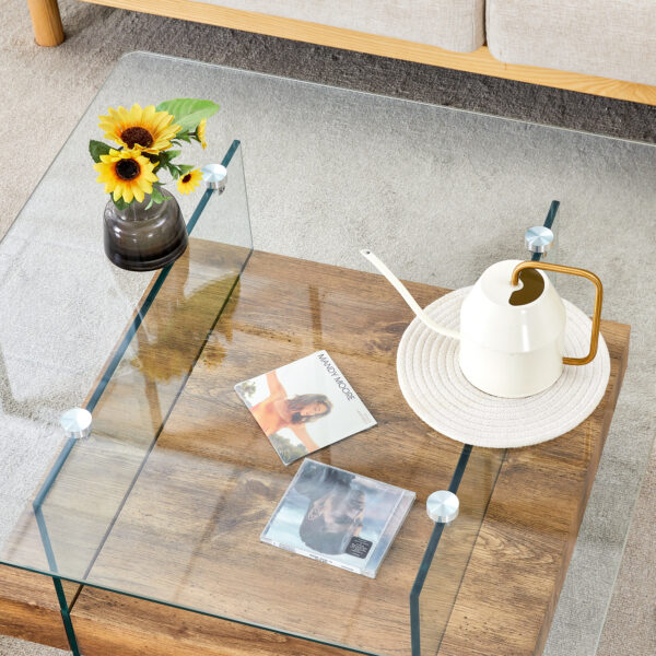 89130507ecd04de394bfdbd3cbf6a674_74659f16bf05befbdaada9845c5d5c81 31.4 Inch Modern Two-Tier Square Coffee Table -An Elegant Combination of Clear Glass and Light Wood Texture Sticker.It can be used not only as a coffee table but also as a side table or display stand.