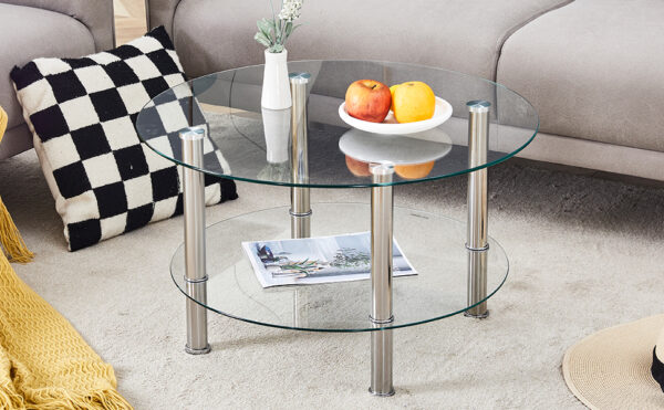 891c83afbace4fd78b6a9675f54cb3b7_7ec9e638716535cb40e2e7a8f576a249 Contemporary Minimalist Double Layer Tempered Glass Coffee Table - 27.5" Top and 23.6" Bottom.Reinforced Glass Tabletop,Stainless Steel Silver Plated Legs.
