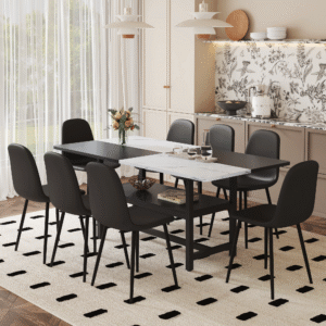 Table and chair set.71*35.4 inch White And Black Spliced Dining Table With Storage Function In The Middle Of The Table Legs.Paired With 8 Modern Mid-Century Style Upholstered Side Black PU Chairs.