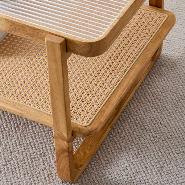 895a86b9d9a542c99d8566f9cb2f6b65_20231214_2556cab792425215412cea88dacc4ad7 Modern simple rectangle double-layer solid wood Glass desktop tea table rattan woven Chinese side table small rectangle table suitable for living room, dining room and bedroom