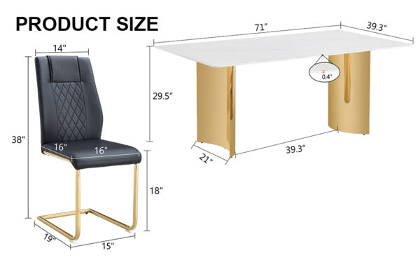 895dba0e82684f9284a7729cb843f263_b17d4e564c8bfea434cf877cd4dad673 Table and chair set.The table has a glass tabletop with imitation marble pattern stickers and stainless steel golden table legs. Paried with comfortable chairs with PU seats and metal legs.