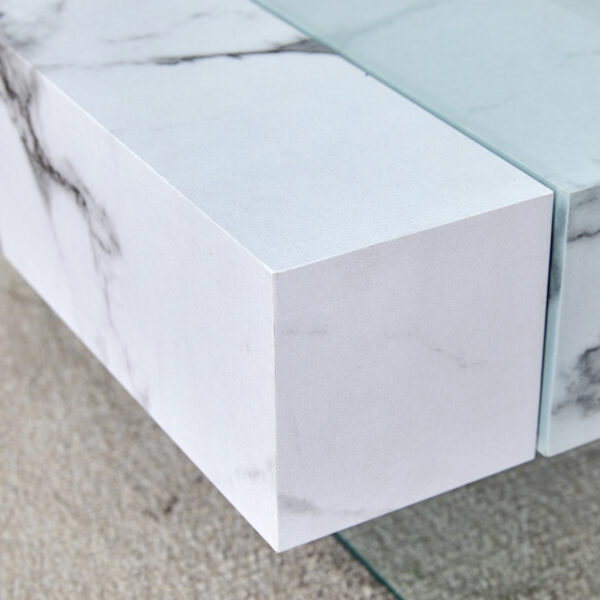 8969d100cea64462b317a675279ee3e6_d5433c5555809b6351af1f6ee0eb065d 43.3 Inch Modern Two-Tier Coffee Table - Clear Tempered Glass and White Marble Texture, Multifunctional Storage Design.The bottom tier includes a drawer.Can be used as a coffee table,side table,etc.