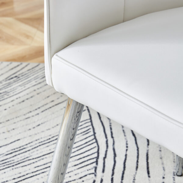 896f8b79809f4983801907fa48c72a08_ccda5460d0e33ee3aab2e19dba9cb76a Table and chair set.63"*35.4" White Imitation Marble Pattern MDF Dining Table Set - 4 White PU Chairs with a vertical stripe design on the backrest.Create Your Exclusive Low-Key Luxury Space.