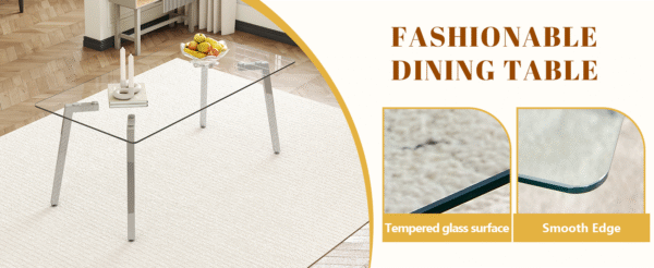 8971b953d7484579a782980e54ca65e4_9efcd5151fc599ea6c7f2eeedce8945d Table and chair set.71 * 35.4 inch rectangular dining table.Tempered Glass Tabletop,Silver 7-shaped Metal Table Legs.Paried With 6 Transparent Plastic Dining Chair with Silver Metal Legs.