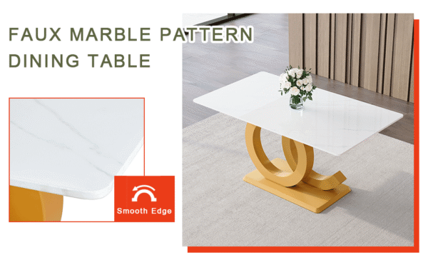 899f6a04071c4f189c53f9b840a11b04_fa28c20d217fbfe0278e8752855113d6 Table and chair set.Subtle Luxury Tempered Glass Dining Set - 63"x35.4" with 6 White PU Material High Resilience Dining Chairs.Arched Metal Gold Leg.White imitation marble texture sticker Tabletop.