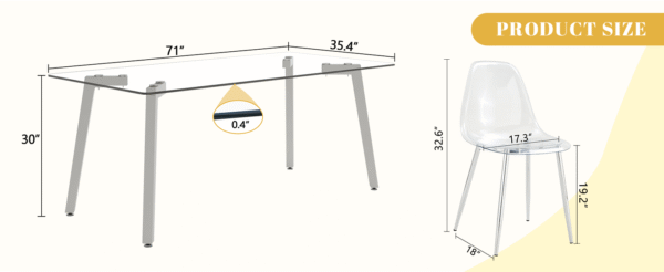 89ba5984102342a89dc5908a62b76649_9924567f70982090daa4995d034dcd50 Table and chair set.71 * 35.4 inch rectangular dining table.Tempered Glass Tabletop,Silver 7-shaped Metal Table Legs.Paried With 6 Transparent Plastic Dining Chair with Silver Metal Legs.