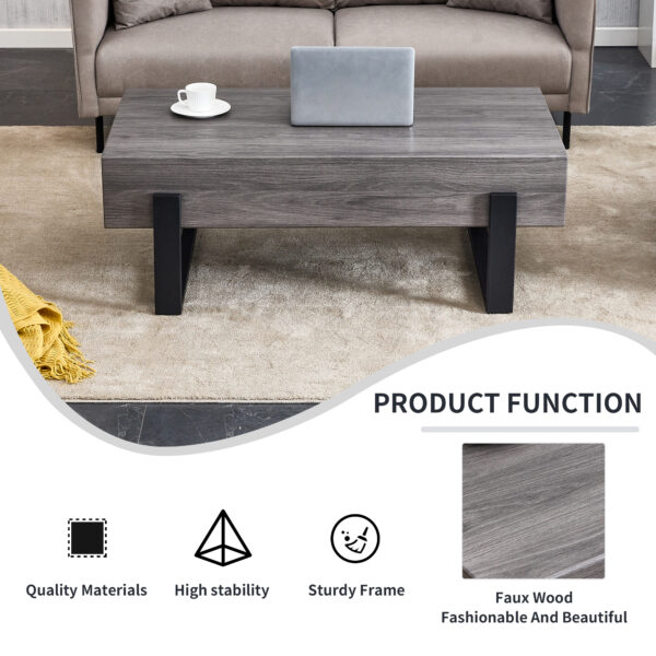 89e5d6fdfc154c3798fd7a5a984c2c80_20240122_bd8fb2fd9c26eb142341da52ab09e47e A rustic gray wood grain MDF coffee table with black metal legs - an elegant space in natural wood tones