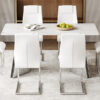 Table and chair set.63"x31.5x30" Luxurious Snow Mountain Patterned Sintered Stone Table with Silver Stainless Steel Butterfly Legs.Paried With 6 White High-quality PU Chairs With Arched Metal Legs.