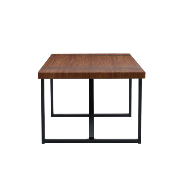 89fcda8928e143829bccbe0bbf6bf23f_8921c5627941d1d9c696396adfc0de56 Table and chair set.Industrial Style Walnut-Colored Rectangular Dining Table - 71"x39.3" Large Size.Paired with 8 brown technology fabric chairs with Featuring arched black Metal legs.