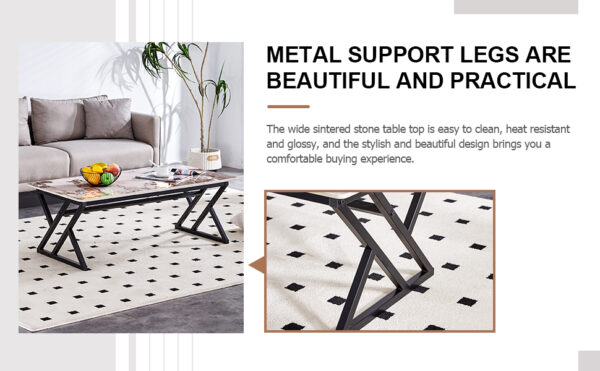 8a14b21552e64cffad7cc4c4d810497c_fa4682bf5818b239144e02c15e99af18 A coffee table is made of rock slab material, with a natural and smooth marble pattern on the surface, which complements the modern design of the black metal legs and adds a touch of fashion.47*23.6