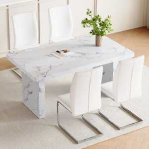 Table and chair set.63"*35.4" White Imitation Marble Pattern MDF Dining Table Set - 4 Soft and Comfortable White PU Chair With Arched Metal Silver Leg.Create Your Exclusive Low-Key Luxury Space.