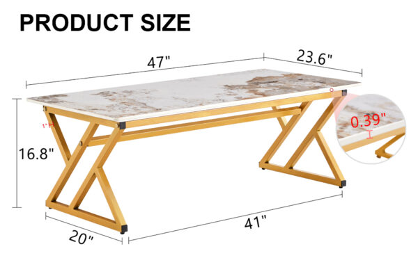 8a30af555cc44cd1b39098efbe3b6e9b_a8e73343066ba6303332b87653659462 A coffee table is made of rock slab material, with a natural and smooth marble pattern on the surface, which complements the modern design of the golden metal legs and adds a touch of fashion.47*23.6