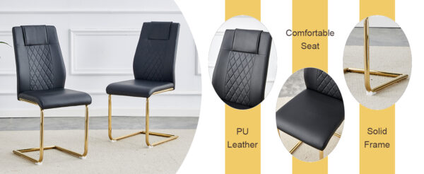 8a37ac87fe9e4176888304631fcf0b07_b11b28e6df378e8a0408baa0e2a2c957 Table and chair set.63"x31.5x30" Luxurious Pandora patterned Sintered Stone Tabletop with Golden Stainless Steel Butterfly Legs.Paried With 6 Black High-quality PU Chairs With Arched Metal Legs.