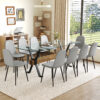 Table and chair set.79"x31.5" with X-shaped Black Metal Table Legs,Wood Grain Textured MDF Crossbeam.Paired With 10 Chairs Made Of Light Gray Lnen Fabric.Iron pipe spraying Legs.