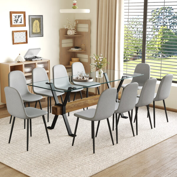 8a39be7767304f62b7d6037e523ae22d_e5e91ba0160716e459bcb88454a2c816 Table and chair set.79"x31.5" with X-shaped Black Metal Table Legs,Wood Grain Textured MDF Crossbeam.Paired With 10 Chairs Made Of Light Gray Lnen Fabric.Iron pipe spraying Legs.