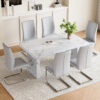 Table and chair set.63"*35.4" White Imitation Marble Pattern MDF Dining Table Set - 6 Soft and Comfortable Light Gray PU Chair With Arched Metal Silver Leg.Create Your Exclusive Low-Key Luxury Space.
