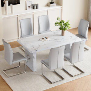 Table and chair set.63"*35.4" White Imitation Marble Pattern MDF Dining Table Set - 6 Soft and Comfortable Light Gray PU Chair With Arched Metal Silver Leg.Create Your Exclusive Low-Key Luxury Space.