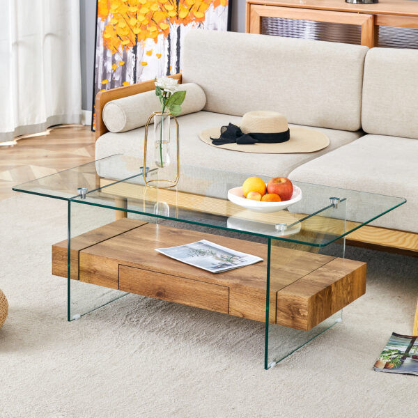 8a5368248c084a7c8a560c7a9cbc4e49_e760bf701721a6aa897d2bc0a4098cb2 43.3 Inch Modern Two-Tier Coffee Table - Clear Tempered Glass and Natural Wood Grain, Multifunctional Storage Design.The bottom tier includes a drawer.Can be used as a coffee table,side table,etc.