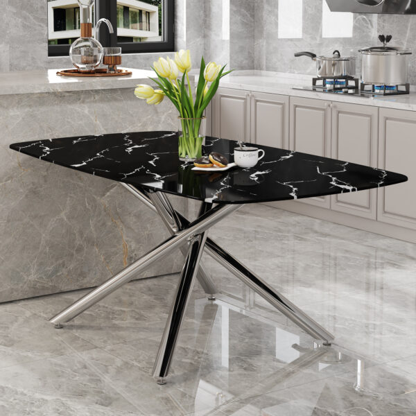 8a5b49462e7d4829bd4b190adca14efa_4299d9287f87cc604607cc8ed0115609 Large modern minimalist rectangular dining table with 0.39 "imitation marble black tabletop and silver metal legs, suitable for kitchen, dining room, living room, conference room.W1151S00985