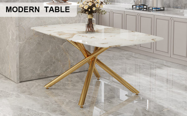 8a976c155e0c407986034b6c8eae1c2d_3cc5328e755012bfed4af9cd77bec4f4 Large modern minimalist rectangular dining table with 0.39 "imitation marble tabletop and golden metal legs, suitable for kitchen, dining room, living room, conference room, and banquet hall 1537
