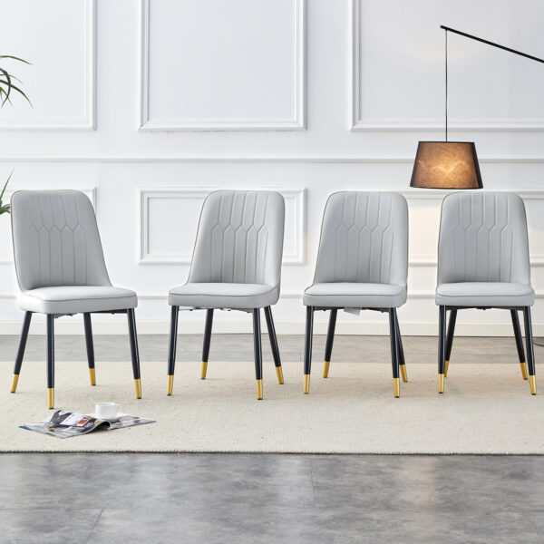 8acceaf6d5f24f79a805e548f8e5f3bf_20231107_12d98f26861845258da3f39b78976c10 Modern dining chairs are equipped with light gray PU artificial leather backrest cushions and black metal legs, suitable for restaurants,kitchens,and bedrooms.Set of 4pieces (light gray+PU)W1151118943