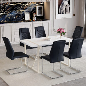 Table and chair set.55"x31.4" Cream-Style White MDF Dining Table Set with 6 Black Chairs With Silver Metal Legs.MDF Tabletop and metal frame legs.Adding a warm and gentle atmosphere to your family.